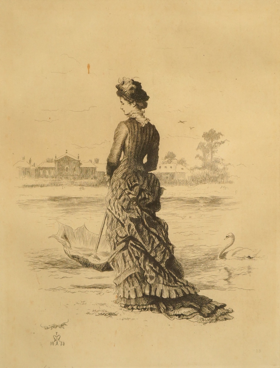 John Everett Millais (1829-1896), etching, Full length portrait of a lady, signed in pencil, dated 1878 in the plate, 27 x 20cm. Condition - fair, browning to the paper